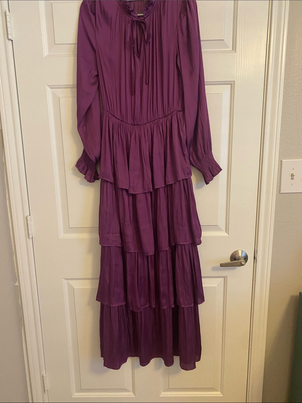 Tiered Long-Sleeve Maxi Dress in Plum